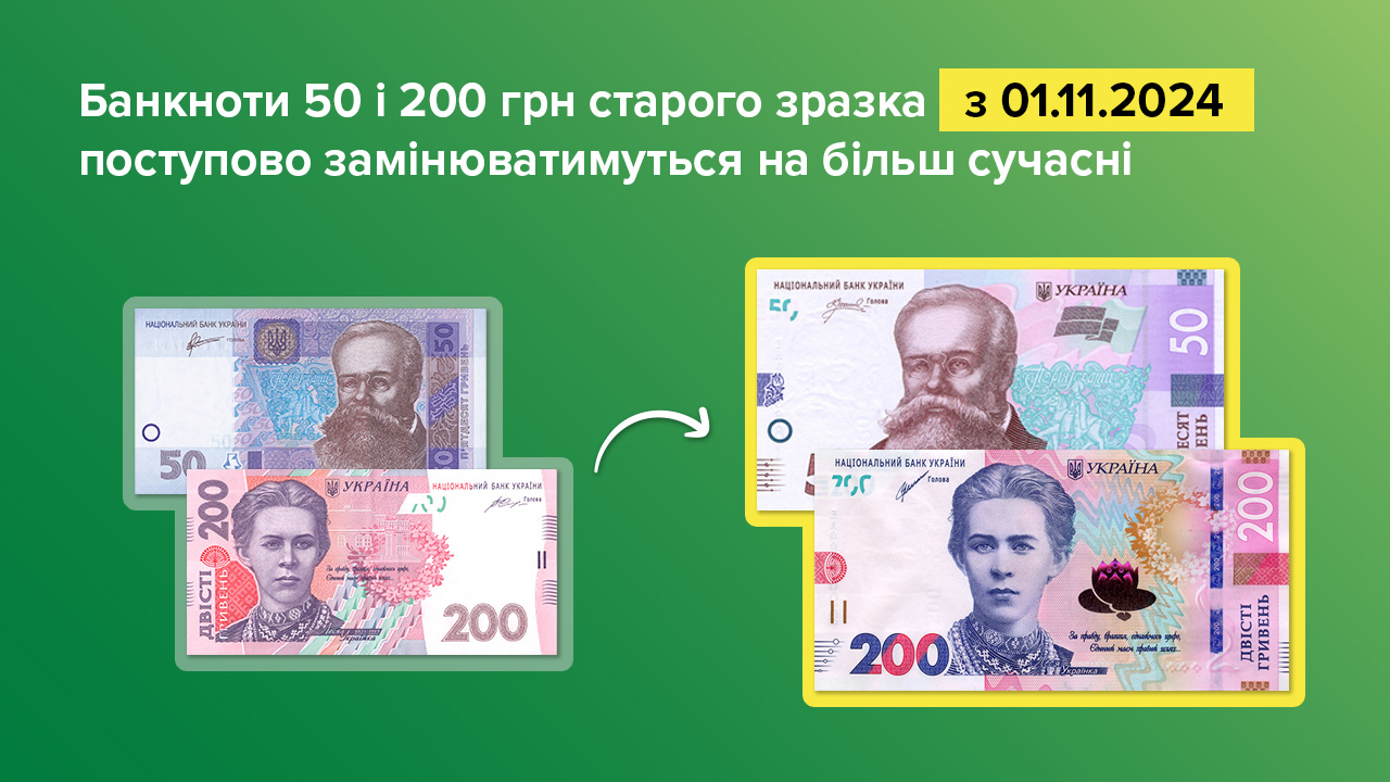 Поступова заміна банкнот 50 та 200 гривень старого зразка завершить процес осучаснення банкнотно-монетного ряду гривні